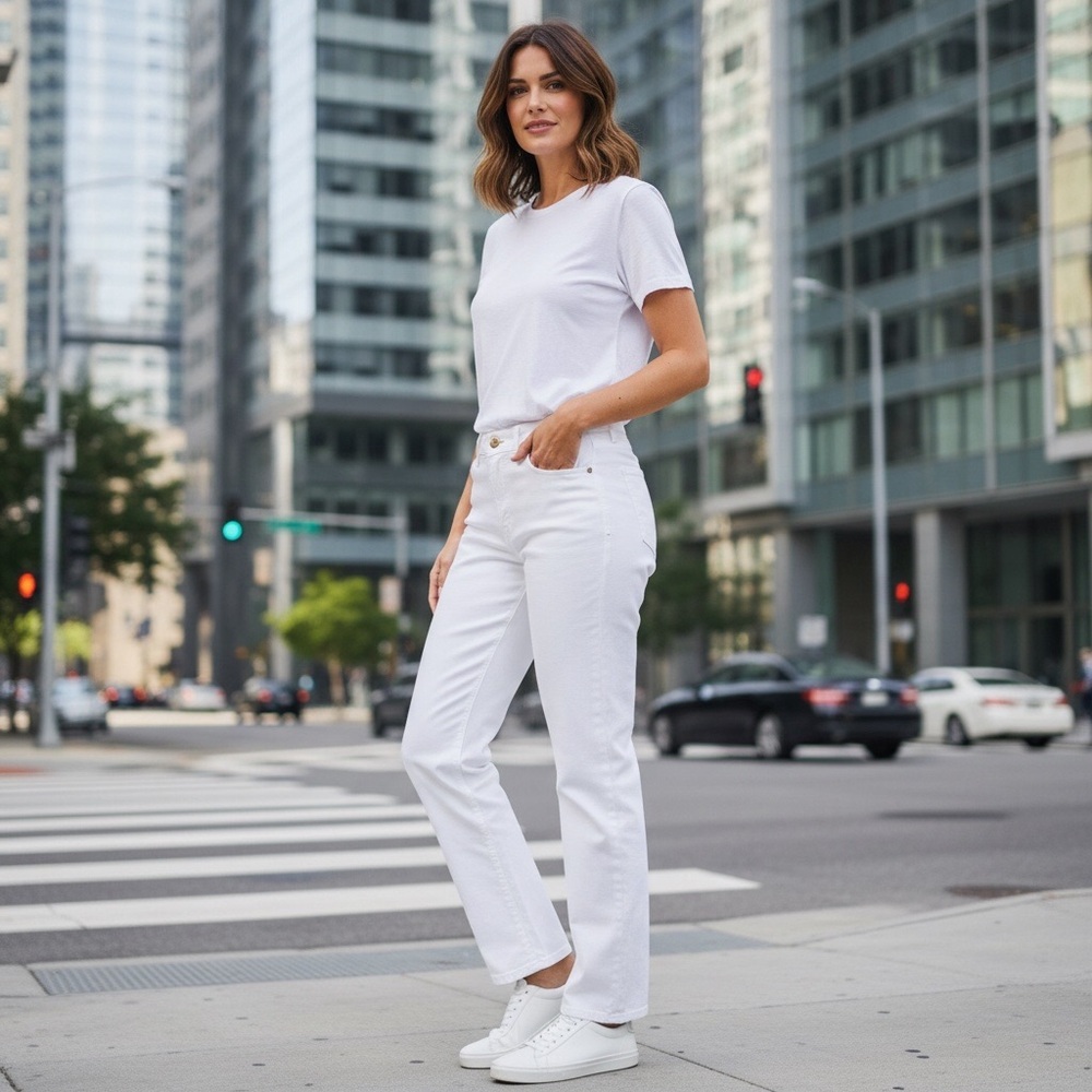 Rich & Skinny Women's Crisp White Jeans Straight Leg Mid-Rise Size-28 EUC